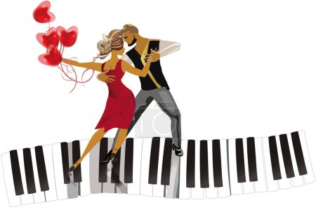 Illustration for Beautiful romantic couple in passionate Latin American dances on the piano with hearts. Salsa festival.Hand drawn vector illustration. - Royalty Free Image
