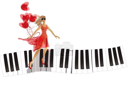 Illustration for Design with a dancing girl with red hearts on the piano. Hand drawn vector illustration. - Royalty Free Image