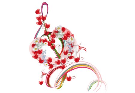 Illustration for Abstract musical design with a treble clef and musical flowers, notes and hearts. Love music. Hand drawn vector illustration for t shirts, covers,  wallpaper, greeting cards, wall-art, invitations. - Royalty Free Image