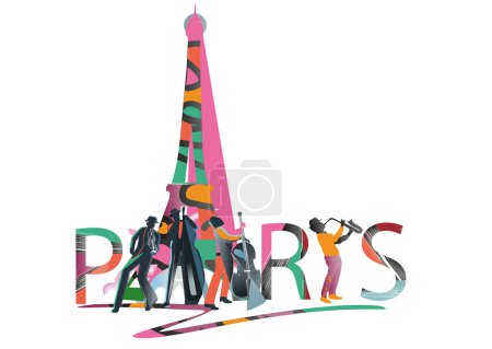 Illustration for Design with lettering Paris and the Eiffel tower, musicians and a firework. Hand drawn vector illustration. - Royalty Free Image