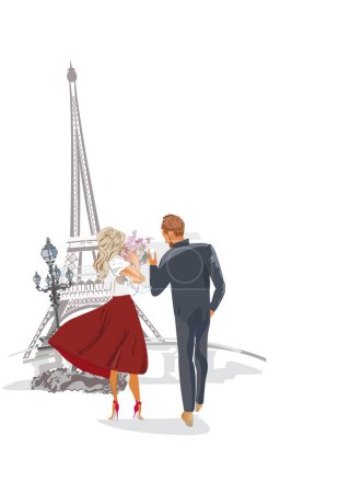 Téléchargez les illustrations : Couple romantique, homme et femme aux fleurs, en arrière-plan avec la tour Eiffel. Illustration vectorielle dessinée main. - en licence libre de droit