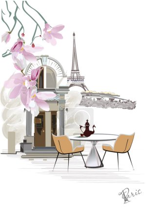 Ilustración de Series of street views with cafes and flowers in Paris. Hand drawn vector architectural background with historic buildings. - Imagen libre de derechos