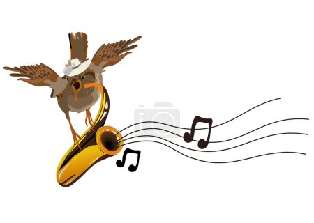 A bird musician in a hat with a trumpet. Hand drawn vector illustration.
