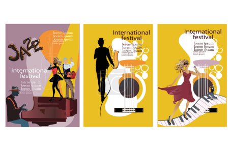 Illustration for Abstract colorful posters with musicians and musical instruments at the party. Jazz band. Hand drawn vector illustration. - Royalty Free Image
