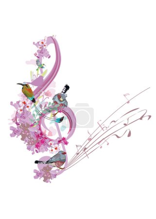 Clave de agudos abstracta decorada con flores de verano y primavera, notas, pájaros. Ilustración de vectores musicales dibujados a mano para camisetas, cubiertas, papel pintado, tarjetas de felicitación, arte mural, invitaciones.