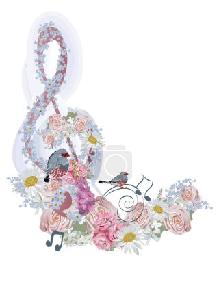 Clave de agudos abstracta decorada con flores de verano y primavera, notas, pájaros. Ilustración de vectores musicales dibujados a mano para camisetas, cubiertas, papel pintado, tarjetas de felicitación, arte mural, invitaciones.