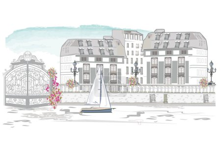 Illustration for Series of street views in the old city with a view of an embankment and river with a boat. Hand drawn vector architectural background with historic buildings. - Royalty Free Image