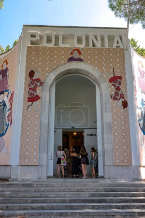 Photo for Venice, Italy - Sept 6, 2022: 59th Venice Art Biennale in Venice. Re-enchanting the World the project by Magorzata Mirga Tas manifesto on Roma identity and art at the Polish pavilon - Royalty Free Image