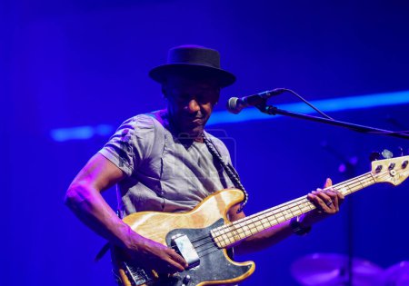 Photo for Cracow, Poland - July 17, 2023: Marcus Miller European Tour 2023 on stage in Congress Centre ICE Cracow at the 28th Summer Jazz Festival in Krakow. - Royalty Free Image