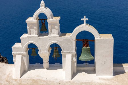 Photo for Seascape and white Belfry on Santorini island, Greece - Royalty Free Image