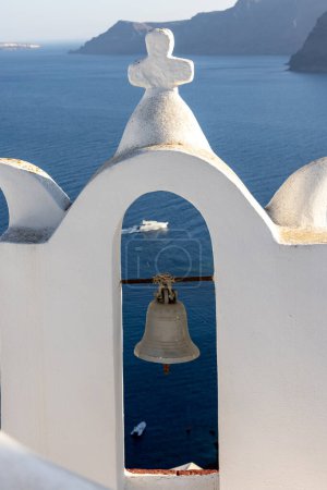 Photo for Seascape and white Belfry on Santorini island, Greece - Royalty Free Image