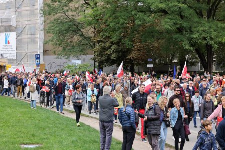 Photo for Cracow, Poland - October 1, 2023: Million Hearts March in Krakow. Crowds of Poles march through the streets of Krakow protesting against PiS's rule - Royalty Free Image
