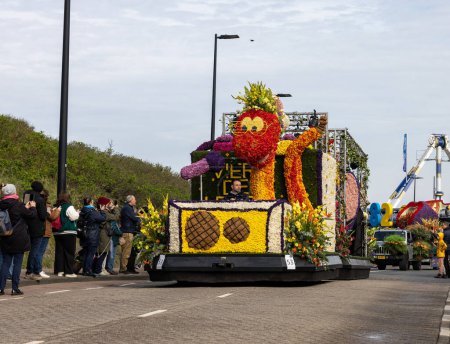 Téléchargez les photos : Noordwijk, Pays-Bas - 22 avril 2023 : Spectaculaires chars couverts de fleurs dans le Bloemencorso Bollenstreek le défilé annuel de fleurs de printemps de Noordwijk à Haarlem aux Pays-Bas. - en image libre de droit