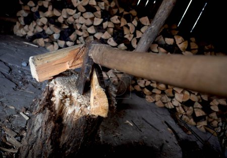 Photo for Close shot of axes chopping wood - Royalty Free Image