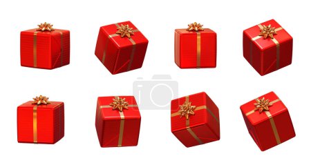 regalos de Navidad rojo sobre fondo blanco, diferentes ángulos de vista - 3d renderizado