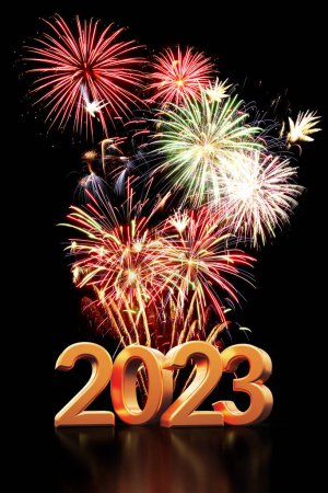 Photo for 2023 golden text on black background with fireworks - 3D rendering - Royalty Free Image