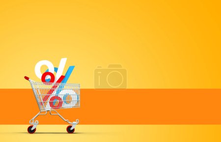 supermarket shopping cart with percent symbols inside - 3d rendering