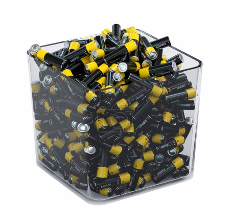 Plastikbox gefüllt mit Batterien für das Recycling - weißer Hintergrund - 3D-Rendering