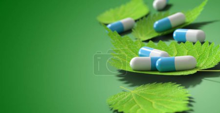 capsules placed on leaves - green background - depth of field effect - 3D rendering