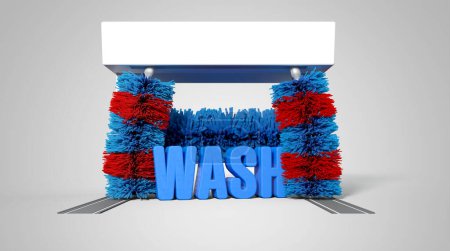 text Wash in the center of automatic car wash rollers - 3D rendering