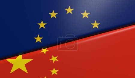 Flags of China and Europe together - 3D rendering