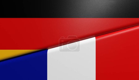 Banderas alemanas y francesas mezcladas y pegadas diagonalmente, cumbre de Alemania Francia - Representación 3D
