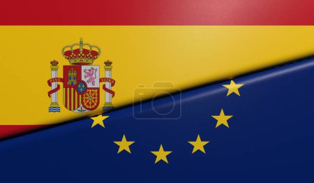 Spanish and European flags folded and glued together with fabric texture - 3D rendering