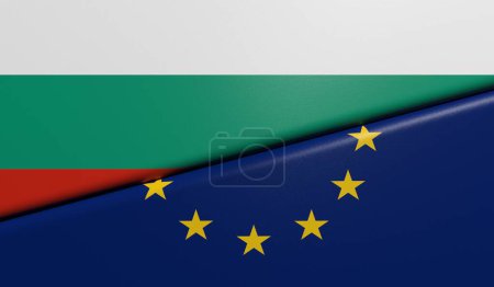 Bulgarian and European flags folded and stuck together with fabric texture - 3D rendering