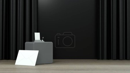 caja de votación con sobre grande sobre fondo negro y cortina negra - representación 3D