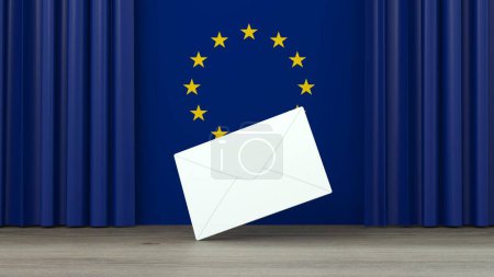 Wahlumschlag auf einem hölzernen Hintergrund mit blauem Vorhang und der Europaflagge im Hintergrund - 3D-Darstellung
