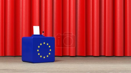 Wahlurne für die Europawahl vor rotem Vorhang - 3D-Rendering