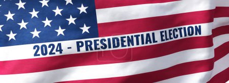 Text 2024 - Präsidentschaftswahl - geschrieben auf einer amerikanischen Flagge - 3D-Rendering
