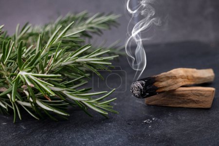 Photo for Palo santo and rosemary in front of dark background - Royalty Free Image