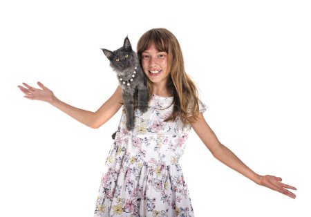 Téléchargez les photos : Maine coon chaton et enfant, en face de fond blanc - en image libre de droit