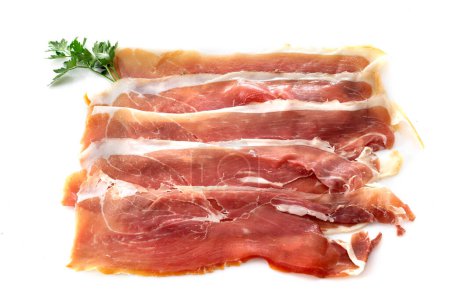 Photo for Slice of cured ham serano in front of white background - Royalty Free Image