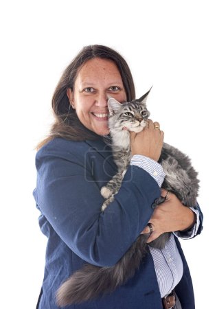 Photo for Maine coon kitten and woman in front of white background - Royalty Free Image
