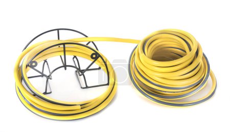 reel hose in front of white background