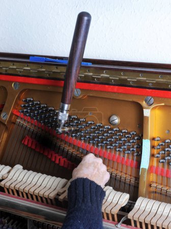 Téléchargez les photos : Photo d'un accordeur à l'intérieur d'un piano avec petit marteau - en image libre de droit