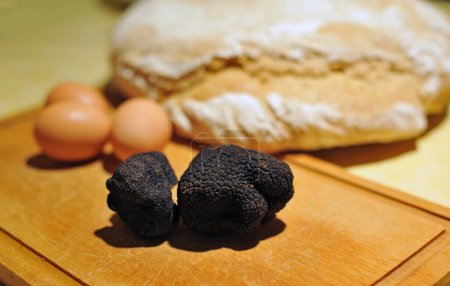 black truffles,  tuber melanosporum, on a table