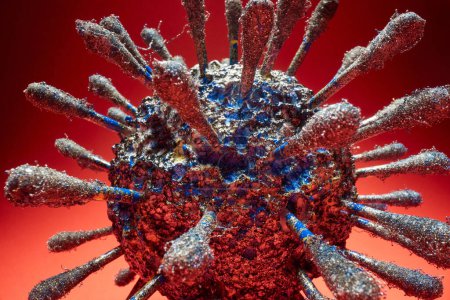 Foto de Primer plano de una maqueta del virus covid vista a través del microscopio en el material contagioso. Covid19, corona, pandemia - Imagen libre de derechos