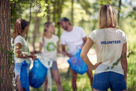 Foto de Jóvenes voluntarios ecológicos charlando mientras recogen basura en el bosque en un hermoso día de verano. Ecología, gente, cuidado - Imagen libre de derechos