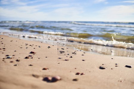 Kleine glatte Kieselsteine liegen auf dem Sand in Ufernähe. Selektiver Fokus