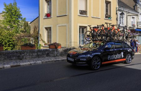 Photo for Bonneval, France - October 10, 2021: The car of Euskaltel-Euskadi Team drives in Bonneval during road cycling race Paris-Tour 2021. - Royalty Free Image