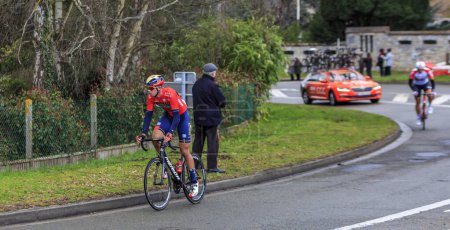 Photo for Beulle, France - March 10, 2019: The Slovenian cyclist Kristijan Koren of  Bahrain Merida Team rides on Cote de Beulle during the stage 1 of Paris-Nice 2019. - Royalty Free Image