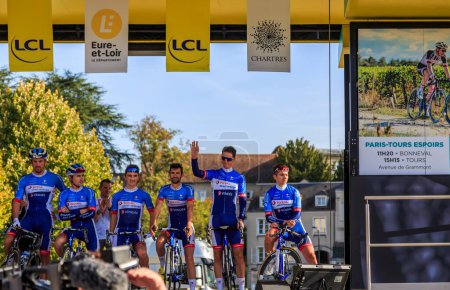 Photo for Chartres, France - October 13, 2019: Team Total Direct Energie  is on the podium in Chartres, during the teams presentation before the autumn French cycling race Paris-Tours 2019 - Royalty Free Image