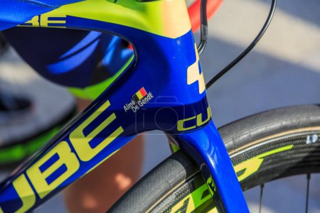 Photo for Chartres, France - October 13, 2019: Detail of a pro road cycling race bicyle, during the teams presentation before the autumn French cycling race Paris-Tours 2019 - Royalty Free Image