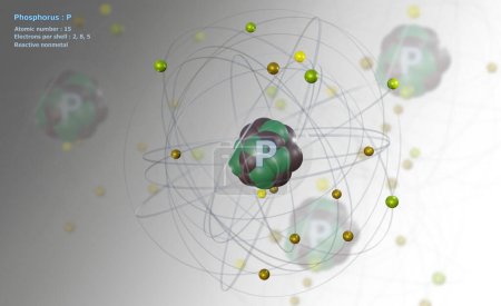Téléchargez les photos : Atome de phosphore avec noyau détaillé et 15 électrons sur blanc avec atomes en arrière-plan - en image libre de droit
