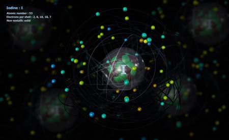 Foto de Átomo de yodo con núcleo detallado y sus 53 electrones con átomos en el fondo - Imagen libre de derechos