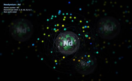 Foto de Átomo de Neodimio con Núcleo detallado y sus 60 Electrones con Átomos en Fondo - Imagen libre de derechos