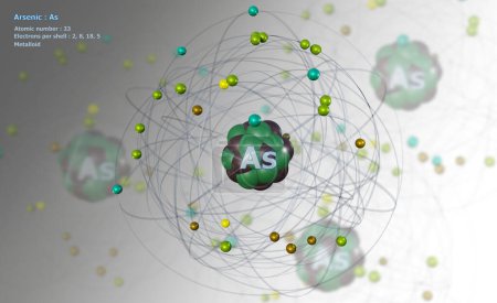 Arsenatom mit detailliertem Kern und seinen 33 Elektronen auf Weiß mit Atomen im Hintergrund